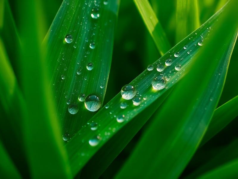 Close up of lush green leaves with morning dew