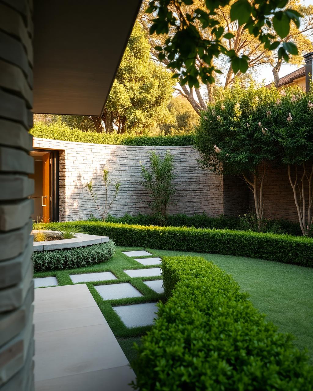 Sophisticated modern garden with architectural stone walls and manicured greenery